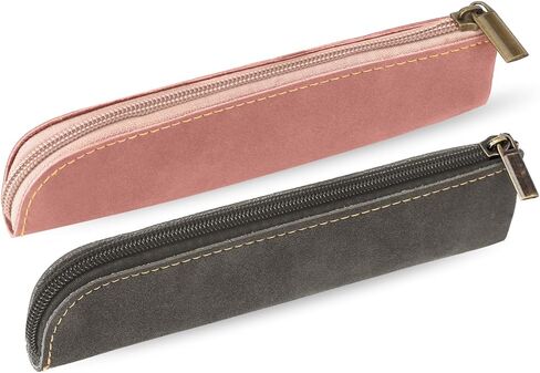 Leather Pencil Case, 2 Pcs Slim Design Small Pen Pouch, Portable Cosmetic Bag for Purse with Zipper, Flat Soft Simple Makeup Bag Lipstick Case for Women, Office, Travel Outdoor (Grey, Pink) in Saudi Arabia