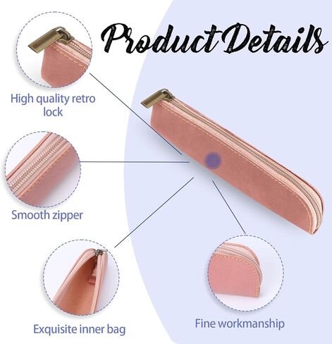Leather Pencil Case, 2 Pcs Slim Design Small Pen Pouch, Portable Cosmetic Bag for Purse with Zipper, Flat Soft Simple Makeup Bag Lipstick Case for Women, Office, Travel Outdoor (Grey, Pink) in Saudi Arabia