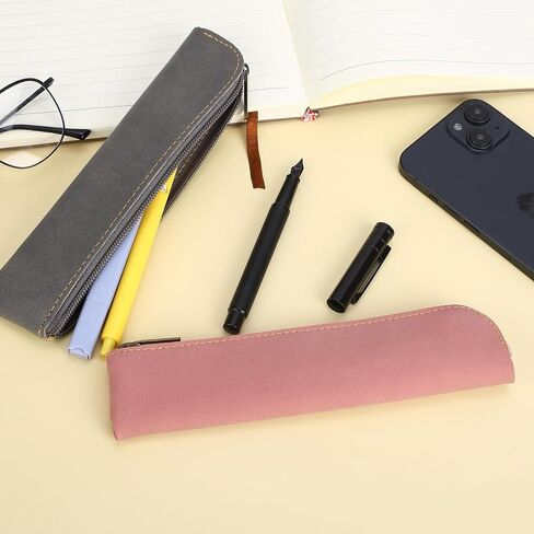Leather Pencil Case, 2 Pcs Slim Design Small Pen Pouch, Portable Cosmetic Bag for Purse with Zipper, Flat Soft Simple Makeup Bag Lipstick Case for Women, Office, Travel Outdoor (Grey, Pink) in Saudi Arabia
