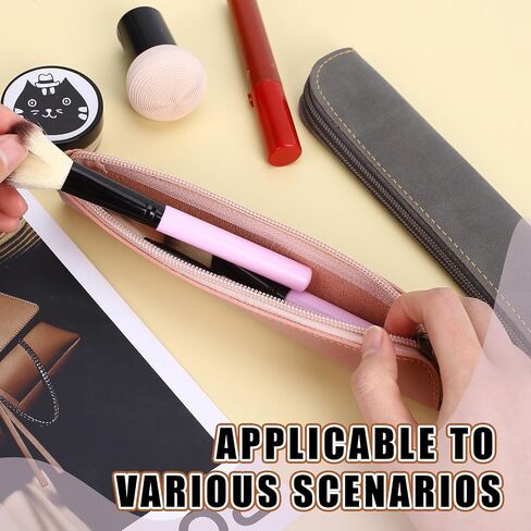 Leather Pencil Case, 2 Pcs Slim Design Small Pen Pouch, Portable Cosmetic Bag for Purse with Zipper, Flat Soft Simple Makeup Bag Lipstick Case for Women, Office, Travel Outdoor (Grey, Pink) in Saudi Arabia