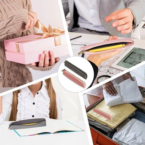 Leather Pencil Case, 2 Pcs Slim Design Small Pen Pouch, Portable Cosmetic Bag for Purse with Zipper, Flat Soft Simple Makeup Bag Lipstick Case for Women, Office, Travel Outdoor (Grey, Pink) in Saudi Arabia
