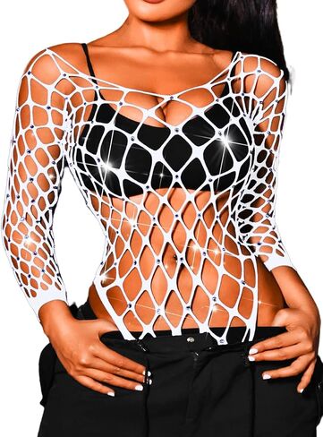 Kaei&Shi Rhinestone Fishnet Bodysuit,Mesh Sexy Rave Outfit For Women,Hollow Out Exotic Wear Dancer Outfits in Kuwait