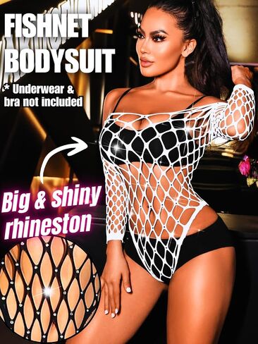 Kaei&Shi Rhinestone Fishnet Bodysuit,Mesh Sexy Rave Outfit For Women,Hollow Out Exotic Wear Dancer Outfits in Kuwait