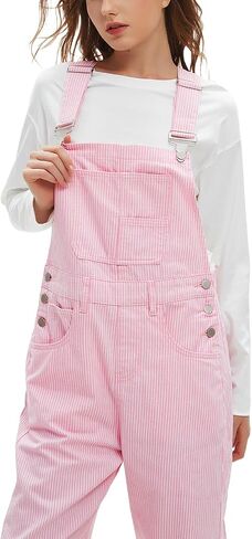 D-Sun Women's Striped Bib Overall Barrel Casual Tapered Overall Pants Wide Leg Adjustable Straps Stretch Jumpsuits in Saudi Arabia