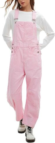 D-Sun Women's Striped Bib Overall Barrel Casual Tapered Overall Pants Wide Leg Adjustable Straps Stretch Jumpsuits in Saudi Arabia
