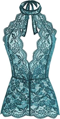 Women One Piece Black Lace sexy Lingerie Teddy, Halter Neckline, Bow Accents in Kuwait