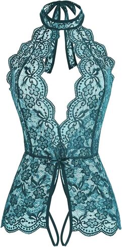 Women One Piece Black Lace sexy Lingerie Teddy, Halter Neckline, Bow Accents in Kuwait