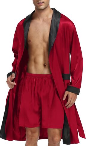 LecGee Men’s Satin Robe Long Sleeve Silk Kimono Bathrobe with Shorts Set Lightweight Sleepwear in Saudi Arabia