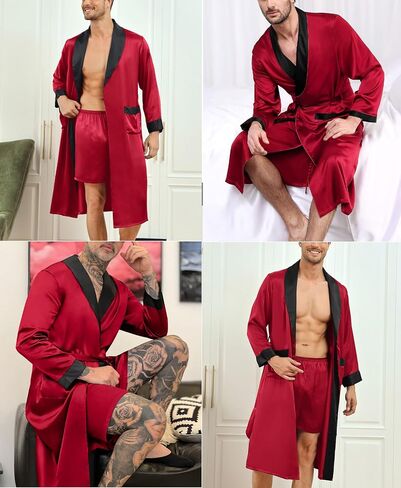 LecGee Men’s Satin Robe Long Sleeve Silk Kimono Bathrobe with Shorts Set Lightweight Sleepwear in Saudi Arabia