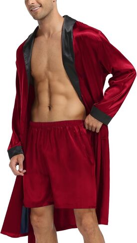 LecGee Men’s Satin Robe Long Sleeve Silk Kimono Bathrobe with Shorts Set Lightweight Sleepwear in Saudi Arabia