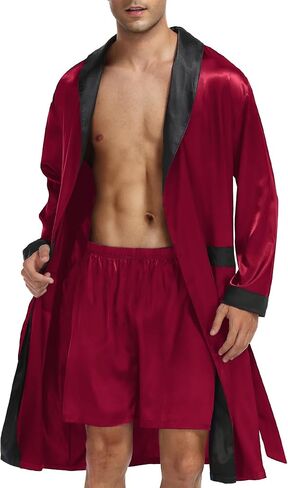 LecGee Men’s Satin Robe Long Sleeve Silk Kimono Bathrobe with Shorts Set Lightweight Sleepwear in Saudi Arabia