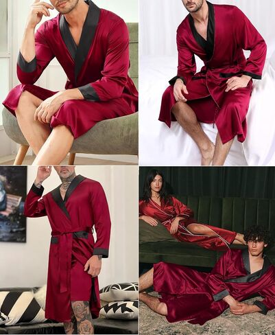 LecGee Men’s Satin Robe Long Sleeve Silk Kimono Bathrobe with Shorts Set Lightweight Sleepwear in Saudi Arabia