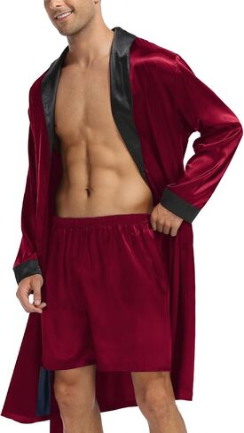 LecGee Men’s Satin Robe Long Sleeve Silk Kimono Bathrobe with Shorts Set Lightweight Sleepwear in Saudi Arabia