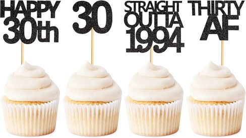 48 قطعة من أغطية الكب كيك باللون الأسود المستقيم من Outta 1994 Happy 30th Cupcake Toppers ثلاثين AF كب كيك زينة حفلات عيد الميلاد 30 عامًا | أسود 1994 in Kuwait
