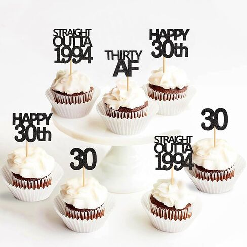 48 قطعة من أغطية الكب كيك باللون الأسود المستقيم من Outta 1994 Happy 30th Cupcake Toppers ثلاثين AF كب كيك زينة حفلات عيد الميلاد 30 عامًا | أسود 1994 in Kuwait