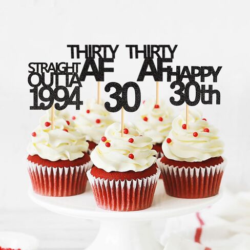 48 قطعة من أغطية الكب كيك باللون الأسود المستقيم من Outta 1994 Happy 30th Cupcake Toppers ثلاثين AF كب كيك زينة حفلات عيد الميلاد 30 عامًا | أسود 1994 in Kuwait
