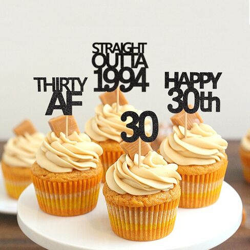 48 قطعة من أغطية الكب كيك باللون الأسود المستقيم من Outta 1994 Happy 30th Cupcake Toppers ثلاثين AF كب كيك زينة حفلات عيد الميلاد 30 عامًا | أسود 1994 in Kuwait
