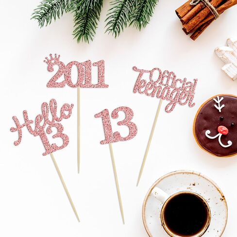 24 قطعة من أغطية الكب كيك لعيد الميلاد الثالث عشر من Gyufise Hello 13 ثلاثة عشر مراهقًا رسميًا منذ عام 2011، لوازم تزيين الكيك لحفلات عيد الميلاد الثالث عشر باللون الذهبي الوردي in Saudi Arabia
