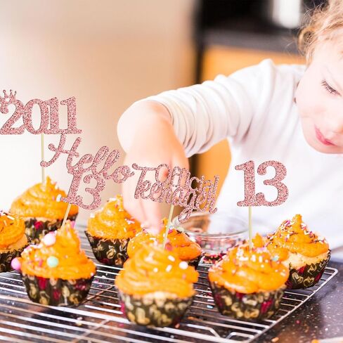 24 قطعة من أغطية الكب كيك لعيد الميلاد الثالث عشر من Gyufise Hello 13 ثلاثة عشر مراهقًا رسميًا منذ عام 2011، لوازم تزيين الكيك لحفلات عيد الميلاد الثالث عشر باللون الذهبي الوردي in Saudi Arabia