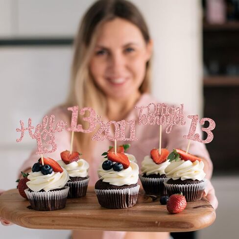 24 قطعة من أغطية الكب كيك لعيد الميلاد الثالث عشر من Gyufise Hello 13 ثلاثة عشر مراهقًا رسميًا منذ عام 2011، لوازم تزيين الكيك لحفلات عيد الميلاد الثالث عشر باللون الذهبي الوردي in Saudi Arabia