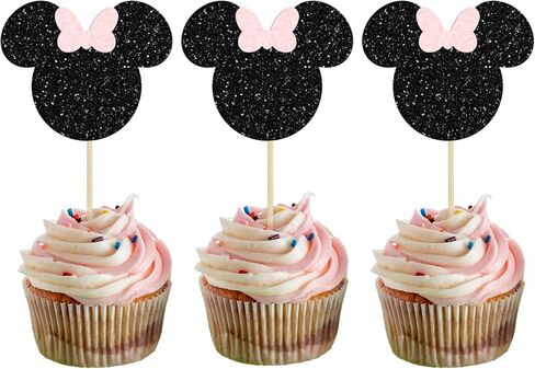 Gyufise Mouse Inspired Cupcake Toppers with Bow Black and Pink Glitter Mouse Cupcake Picks Baby Shower Wedding Kids Birthday Party Cake Decorations Supplies 36 Pack in Saudi Arabia