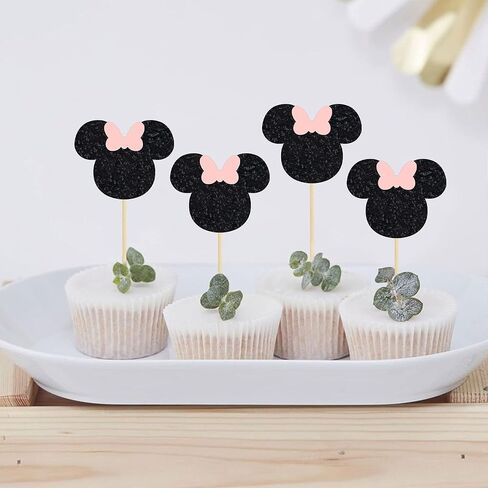 Gyufise Mouse Inspired Cupcake Toppers with Bow Black and Pink Glitter Mouse Cupcake Picks Baby Shower Wedding Kids Birthday Party Cake Decorations Supplies 36 Pack in Saudi Arabia