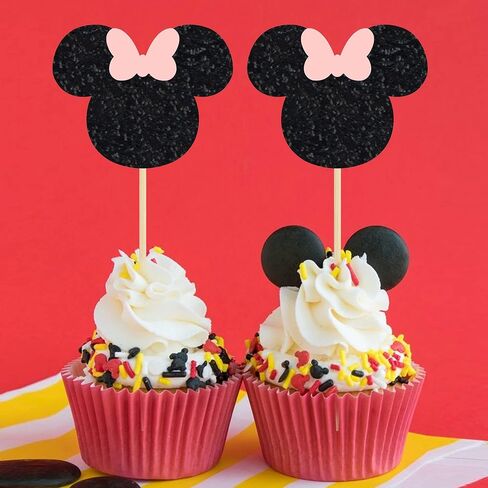 Gyufise Mouse Inspired Cupcake Toppers with Bow Black and Pink Glitter Mouse Cupcake Picks Baby Shower Wedding Kids Birthday Party Cake Decorations Supplies 36 Pack in Saudi Arabia