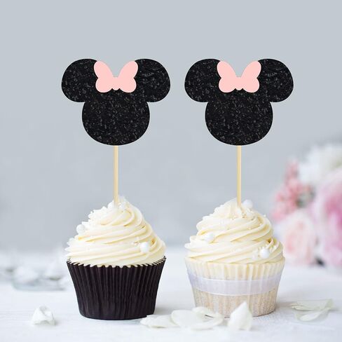 Gyufise Mouse Inspired Cupcake Toppers with Bow Black and Pink Glitter Mouse Cupcake Picks Baby Shower Wedding Kids Birthday Party Cake Decorations Supplies 36 Pack in Saudi Arabia