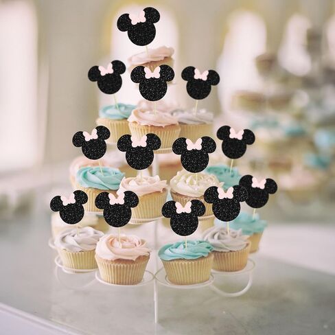 Gyufise Mouse Inspired Cupcake Toppers with Bow Black and Pink Glitter Mouse Cupcake Picks Baby Shower Wedding Kids Birthday Party Cake Decorations Supplies 36 Pack in Saudi Arabia