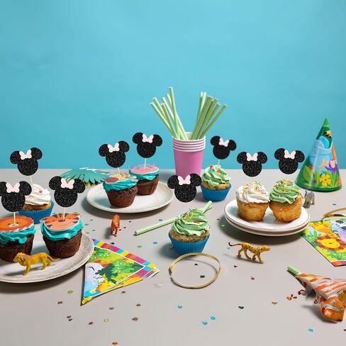 Gyufise Mouse Inspired Cupcake Toppers with Bow Black and Pink Glitter Mouse Cupcake Picks Baby Shower Wedding Kids Birthday Party Cake Decorations Supplies 36 Pack in Saudi Arabia