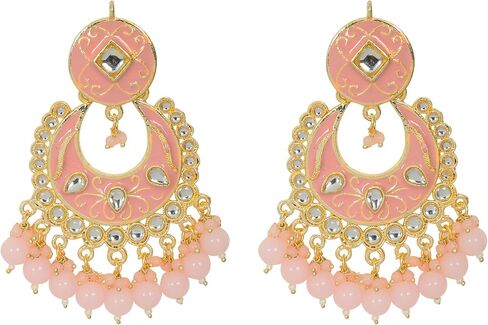 Elegant Pink and Gold Chandbali Earrings - Indian Ethnic Kundan Style Dangle Earrings with Beads in Saudi Arabia
