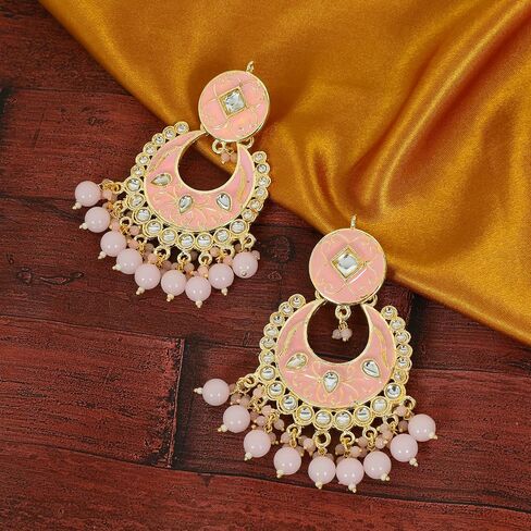 Elegant Pink and Gold Chandbali Earrings - Indian Ethnic Kundan Style Dangle Earrings with Beads in Saudi Arabia