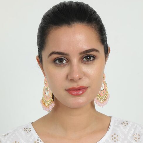 Elegant Pink and Gold Chandbali Earrings - Indian Ethnic Kundan Style Dangle Earrings with Beads in Saudi Arabia