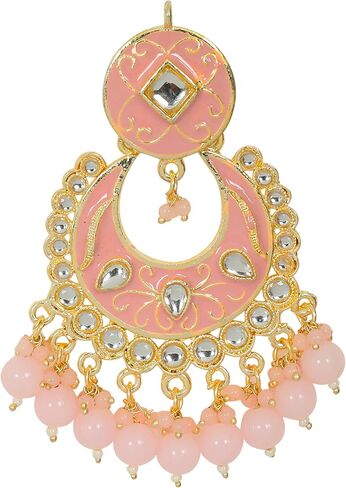 Elegant Pink and Gold Chandbali Earrings - Indian Ethnic Kundan Style Dangle Earrings with Beads in Saudi Arabia
