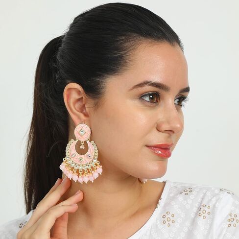 Elegant Pink and Gold Chandbali Earrings - Indian Ethnic Kundan Style Dangle Earrings with Beads in Saudi Arabia