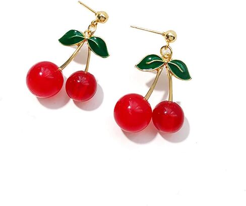 Cute Red Cherry Earrings for Women Teen Girls 18k Gold Plated Sweet Cherry Dangle Drop Earrings Green Leaf Cherry Dangling Earrings Birthday Christmas Halloween Jewelry Gifts in Saudi Arabia