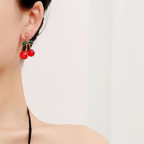 Cute Red Cherry Earrings for Women Teen Girls 18k Gold Plated Sweet Cherry Dangle Drop Earrings Green Leaf Cherry Dangling Earrings Birthday Christmas Halloween Jewelry Gifts in Saudi Arabia