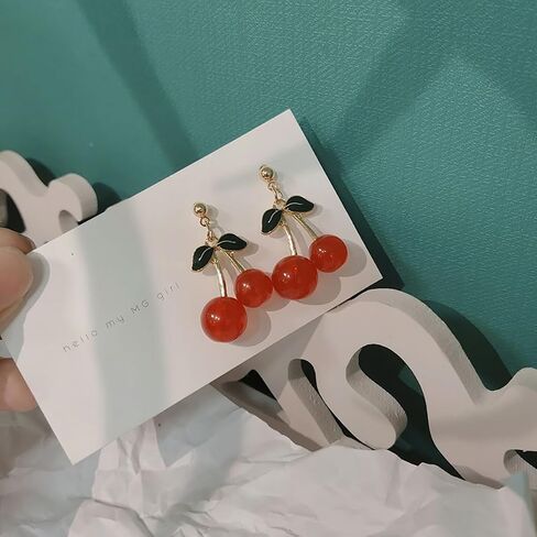 Cute Red Cherry Earrings for Women Teen Girls 18k Gold Plated Sweet Cherry Dangle Drop Earrings Green Leaf Cherry Dangling Earrings Birthday Christmas Halloween Jewelry Gifts in Saudi Arabia