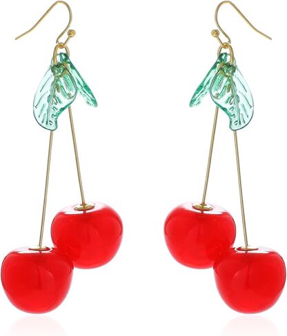 Cute Red Cherry Earrings for Women Teen Girls 18k Gold Plated Sweet Cherry Dangle Drop Earrings Green Leaf Cherry Dangling Earrings Birthday Christmas Halloween Jewelry Gifts in Saudi Arabia