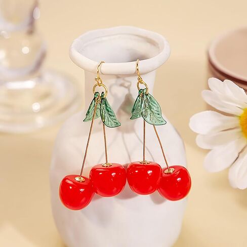 Cute Red Cherry Earrings for Women Teen Girls 18k Gold Plated Sweet Cherry Dangle Drop Earrings Green Leaf Cherry Dangling Earrings Birthday Christmas Halloween Jewelry Gifts in Saudi Arabia