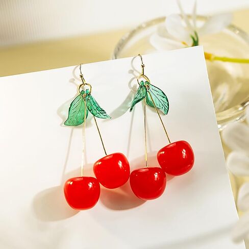 Cute Red Cherry Earrings for Women Teen Girls 18k Gold Plated Sweet Cherry Dangle Drop Earrings Green Leaf Cherry Dangling Earrings Birthday Christmas Halloween Jewelry Gifts in Saudi Arabia