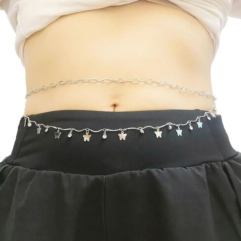 2 Pcs Womens Body Waist Chain Layered 18K Gold Silver Belly Chains Jewelry Butterfly Pearl Cross Diamond Adjustable in Saudi Arabia
