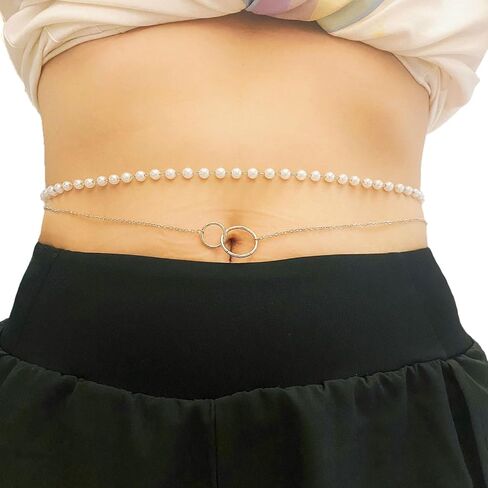 2 Pcs Womens Body Waist Chain Layered 18K Gold Silver Belly Chains Jewelry Butterfly Pearl Cross Diamond Adjustable in Saudi Arabia