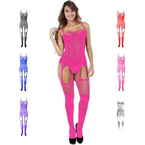 RUIBAVYA Womens Halter Fishnet Bodystocking Mesh Bodysuit for Couple Dating Nightwear Badydoll Lace Tight Lingerie