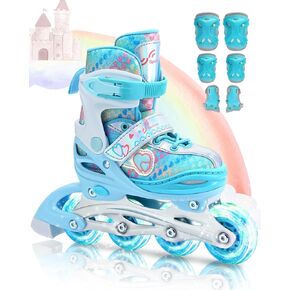 Sportneer 4 Size Adjustable Inline Skates for Girls, Kids Inline Skates Size 12C-9 with Light Up Wheels Roller Blade with Protective Gear Set for Kids Girls Women Beginners Indoor & Outdoor Use