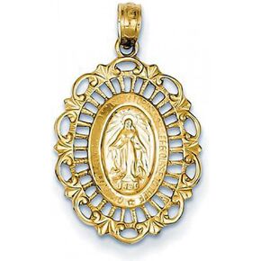 PicturesOnGold.com Medium Scalloped Oval Miraculous Medal Cut-Out Pendant Religious Protection Jewelry Gifts for Men & Women - 2/3 Inch X 3/4 Inch in 14K Yellow Gold
