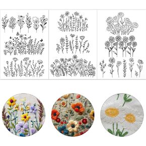 Giantree 3 Sheets of Water Soluble Embroidery Stabilizers, A4 Water Soluble Stabilizer for Embroidery Patterns, Adhesive Embroidery Transfer Paper, with Flower Patterns for Hand Sewing (Flower B)