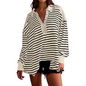 Womens Striped Oversized Polo Shirts Color Block Long Sleeve Sweatshirt Button Down Asymmetrical Hem Pullover Tops