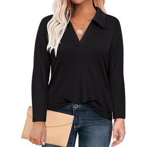 TIYOMI Plus Size Womens Polo Shirts Long Sleeve Collared Tops Business Casual V Neck Loose Fit T Shirt Work Blouse 1X-5X