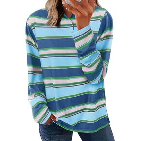 Tankaneo Women's Striped Shirts Oversized Long Sleeve Collared Polo Sweatshirts Casual Fall Tops